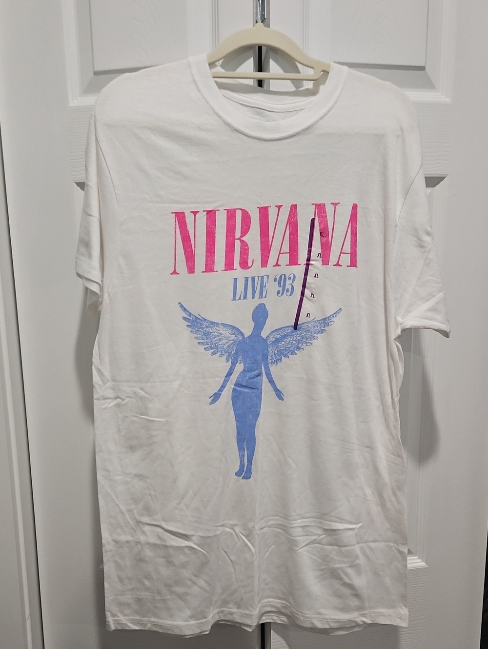 NIRVANA White Tee with Pink Logo and Blue Angel Graphic